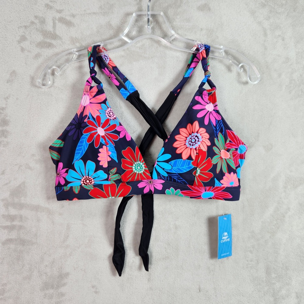 CUPSHE Bikini Top Womens XL Navy Blue Floral V-Neck Cross Back Swimwear Summer